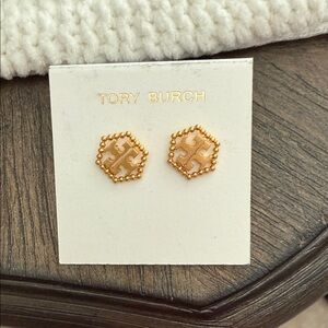 Tory Burch Gold Hexagon Logo Earrings